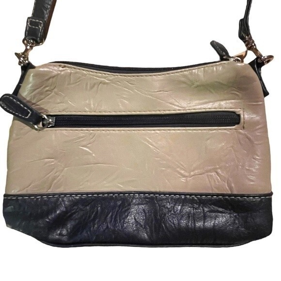 Stone & Co Tumbled Leather Beige & Navy Blue Small Double Zip Shoulder Bag Purse - Picture 4 of 14